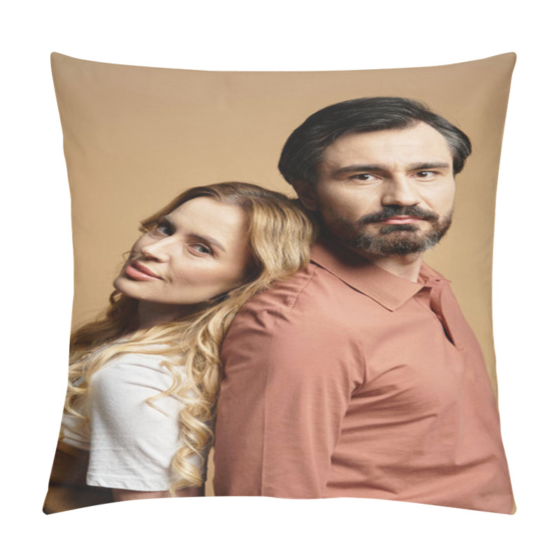 Personality  Two Middle Aged People Share A Warm, Intimate Moment Against A Soft Backdrop. Pillow Covers