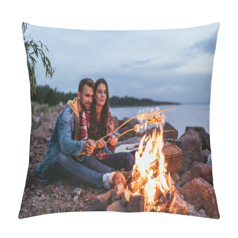 Personality  Happy Couple Roasting Marshmallows On Sticks Near Bonfire  Pillow Covers