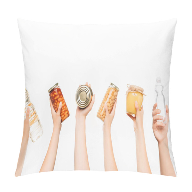 Personality  Cropped View Of Woman Hands With Food Isolated On White, Charity Concept Pillow Covers