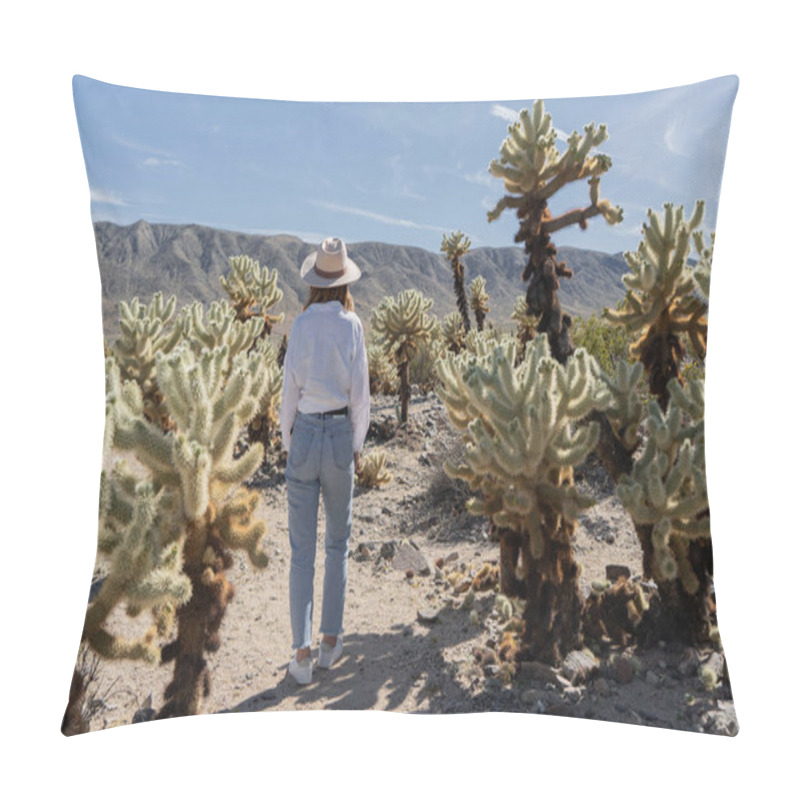 Personality  Woman Visiting Joshua Tree National Park, Enjoy Cholla Cactus Garden Pillow Covers