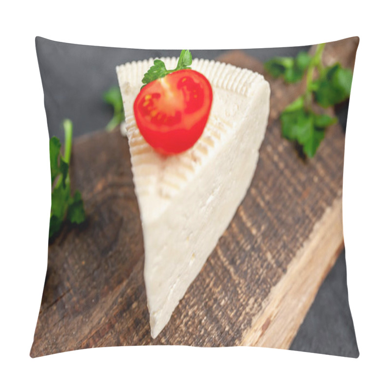 Personality  White Cow Feta Cheese Triangle Slices With Tomatoes And Greens On Wooden Board On Rustic Table Background Pillow Covers