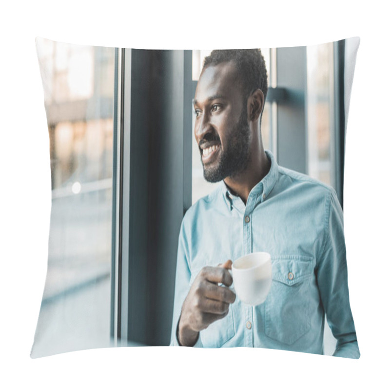 Personality  Handsome African American Man Holding Cup Of Coffee While Looking Out Of Window Pillow Covers