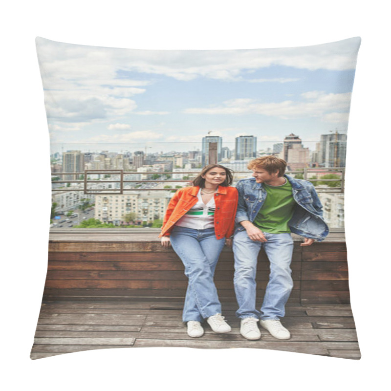 Personality  A Man And A Woman Stand Triumphantly Atop A Skyscraper, Gazing At The City Below With A Mix Of Awe And Pride Pillow Covers