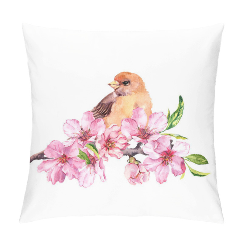 Personality  Sparrow Bird Sitting On Apple Tree Branch Raster Illustration. Pink Blooming Flowers . Spring Blossoms And Twig With Leaves Isolated Watercolor Design Element Pillow Covers