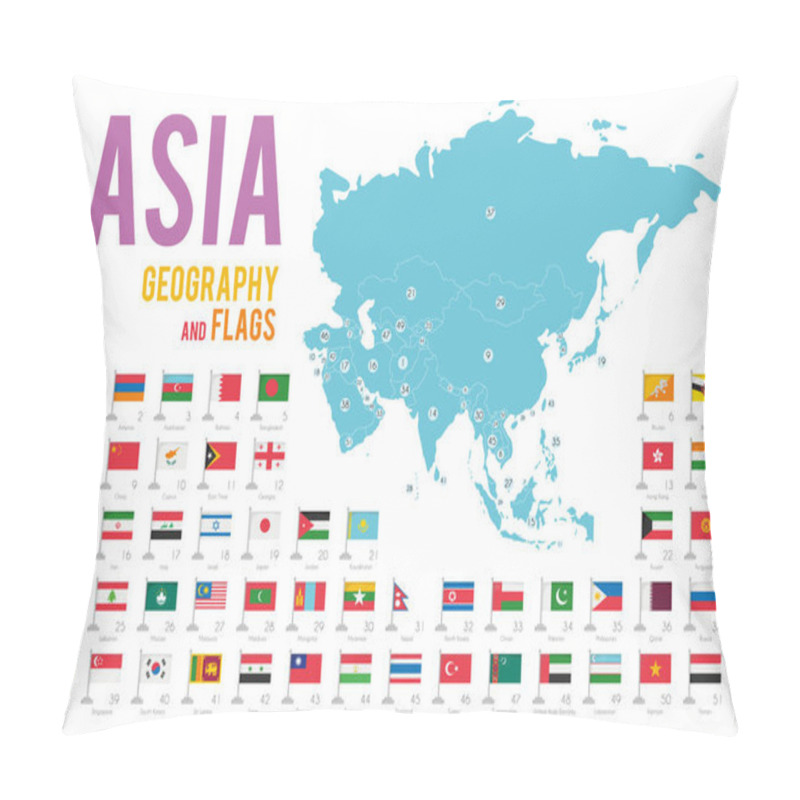 Personality  Set Of 51 Flags Of Asia Isolated On White Background And Map Of Asia With Countries Situated On It. Pillow Covers