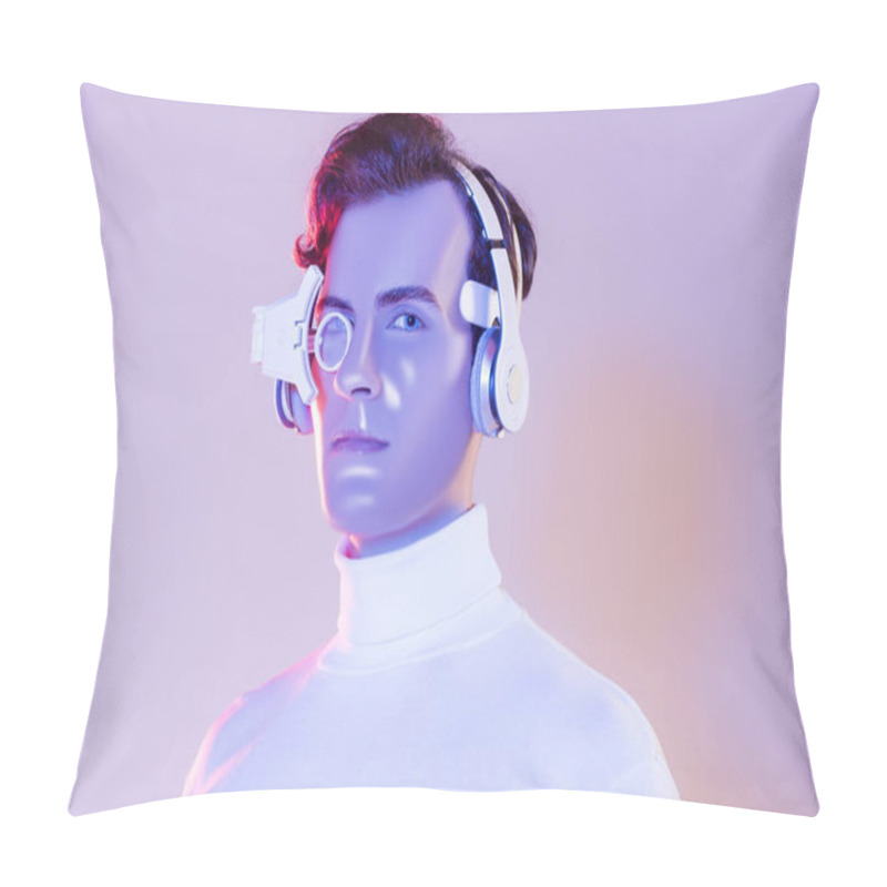 Personality  Cyborg Man In Headphones And Digital Eye Lens Looking At Camera On Purple Background Pillow Covers