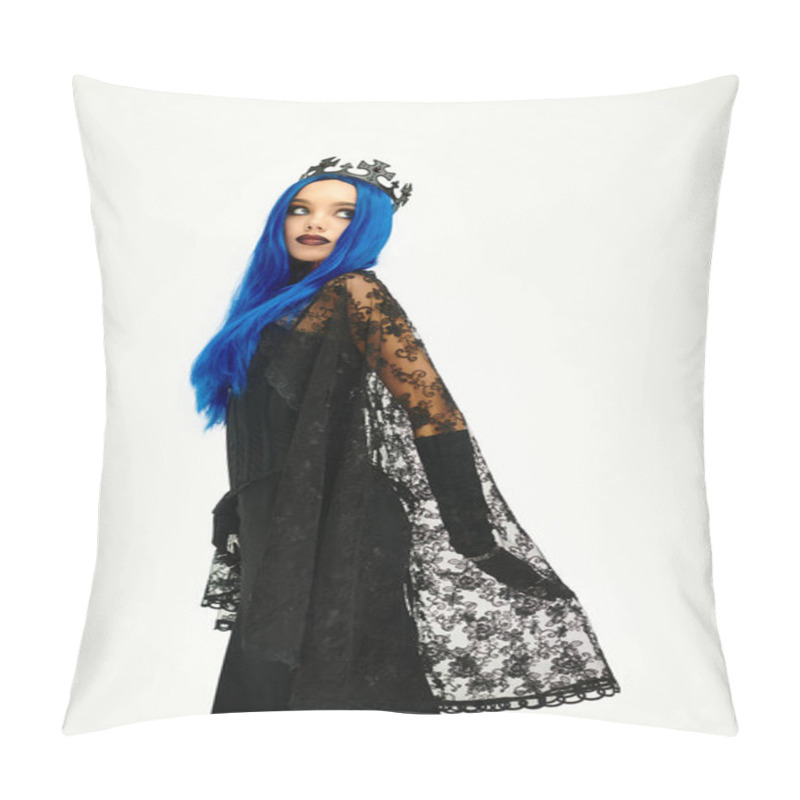 Personality  In A Stunning Halloween Outfit, The Woman Radiates Mystique With Her Blue Hair And Dark Look. Pillow Covers