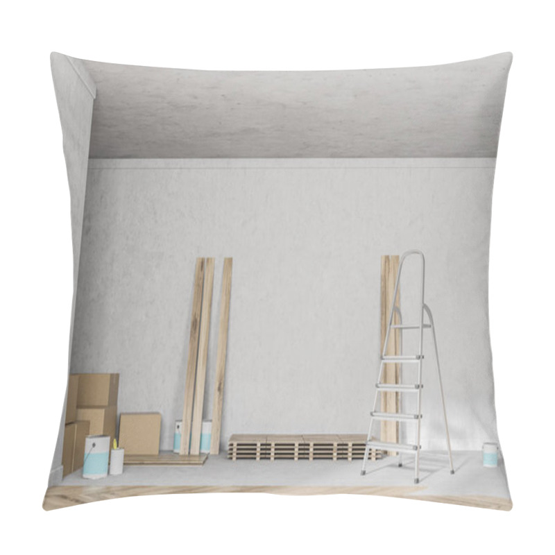 Personality  Empty White Room Interior With White Walls, An Unfinished Wooden Floor, A Large Window And Stacks Of Closed Cardboard Boxes. A Ladder. Front View. Concept Of Renovation. 3d Rendering Mock Up Pillow Covers