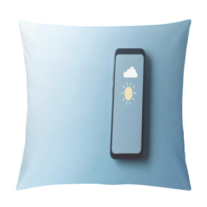 Personality  A Modern Smartphone Displaying A Sunny Weather Forecast Against A Blue Background. Pillow Covers