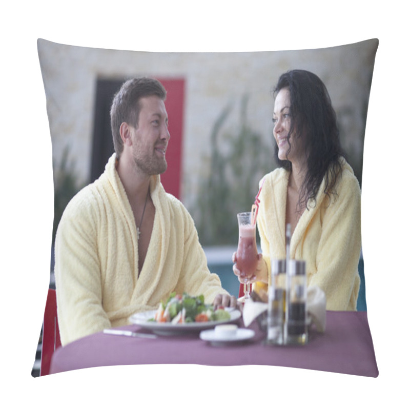 Personality  Cute Couple In Bathrobes Having Breakfast Together At Hotel Pillow Covers