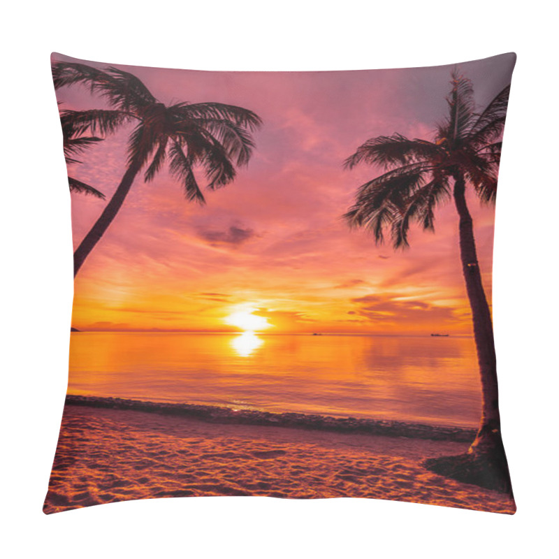 Personality  At Sunset Time On The Tropical Paradise Island Beach And Sea With Coconut Palm Tree For Holiday And Vacation Pillow Covers