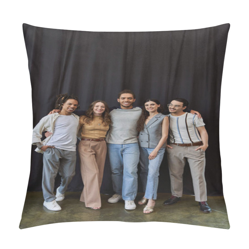 Personality  Group Photo Of Joyful Multiethnic Team Near Black Drape In Modern Office, Teamwork Concept Pillow Covers