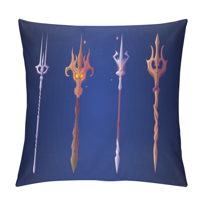 Personality  Poseidon Or Neptune Magic Fantastic Trident Made Of Wood And Metal. Cartoon Vector Illustration Set Of Mythology Harpoon Or Pitchfork Decorated With Gemstones For Nautical God With Magic Power. Pillow Covers