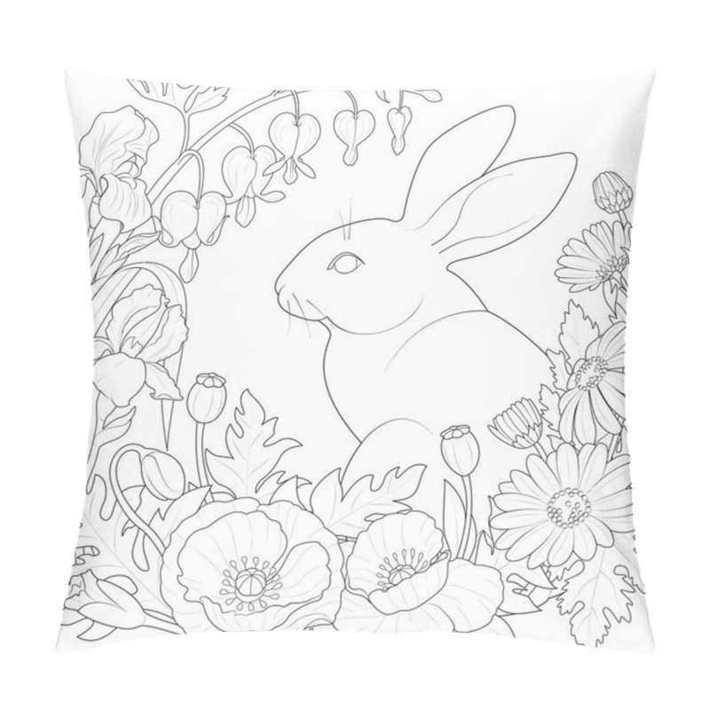 Personality  Spring Flowers And Rabbit Black And White Vector Illustration Pillow Covers