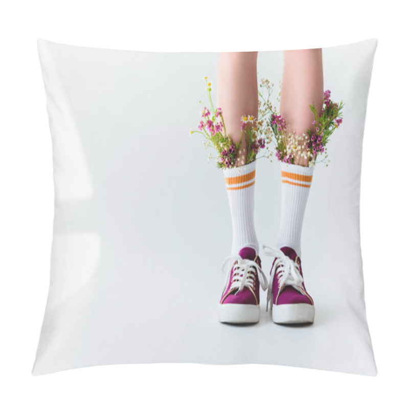 Personality  Cropped Shot Of Girl With Fresh Flowers In Socks On Grey Pillow Covers