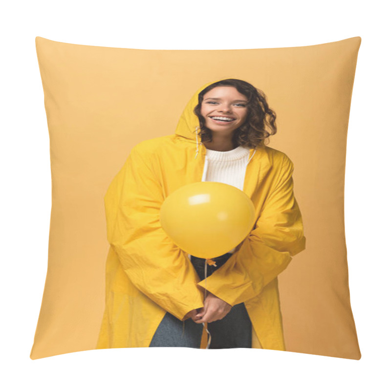 Personality  Happy Curly Woman In Yellow Raincoat Holding Balloon Isolated On Yellow Pillow Covers