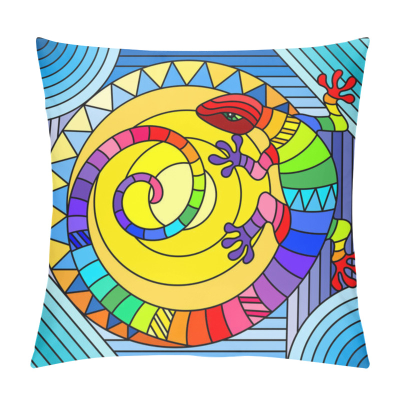 Personality  Illustration In Stained Glass Style With Abstract Rainbow Lizard On Blue Background Pillow Covers