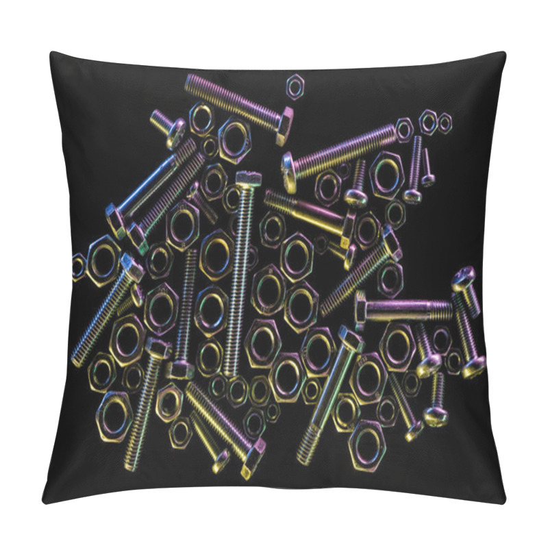 Personality  Top View Of Scattered Steel Bolts And Nuts Isolated On Black With Copy Space Pillow Covers