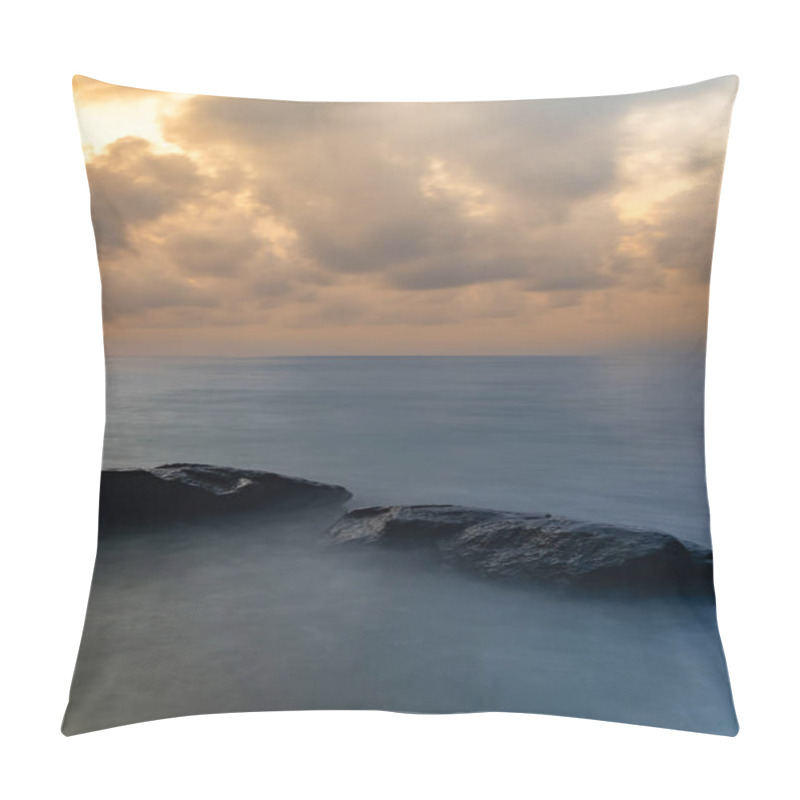 Personality  Sunrise Dramatic Sky Over Sea Horizon From Rocky Shore At Dawn Long Exposure Shot Pillow Covers