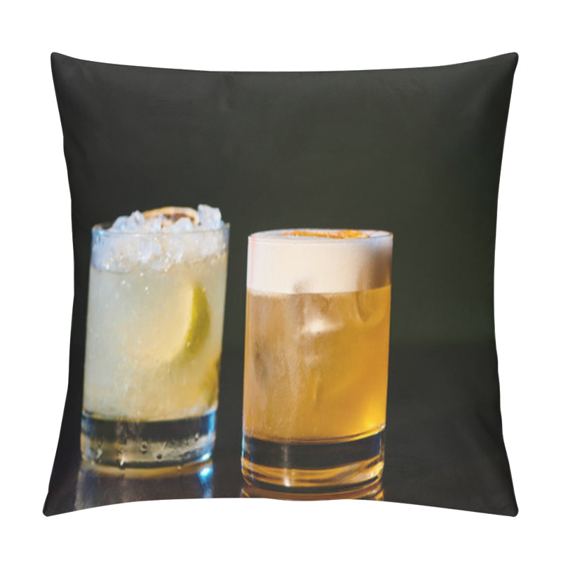 Personality  Sophisticated Whiskey Sour And Exotic Caipirinha On Black Background, Object Photo, Concept Pillow Covers