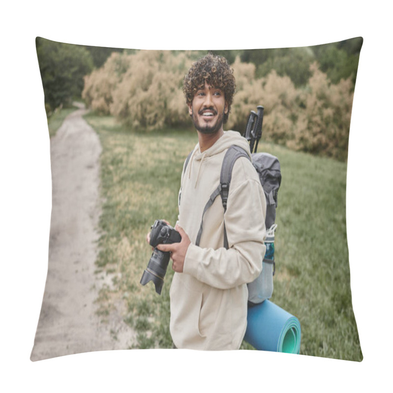 Personality  Cheerful Indian Photographer With Backpack Holding Professional Camera, Adventure And Hiking Pillow Covers