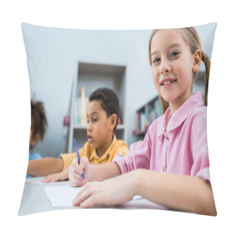 Personality  Selective Focus Of Happy Kid Drawing Near African American Children  Pillow Covers