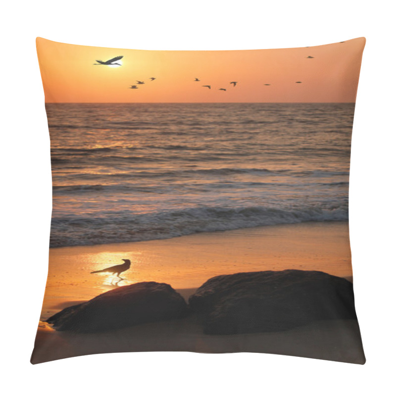 Personality  Flock Of Flying Birds, Crane And Crow At Seashore Pillow Covers