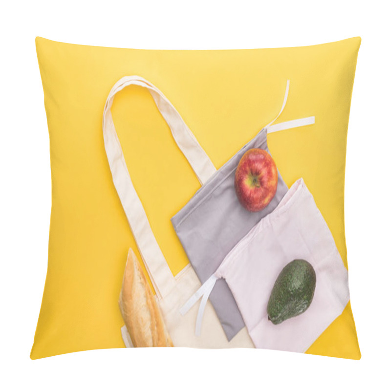 Personality  Top View Of Ripe Apple, Baguette And Avocado Near Eco Friendly Bags Isolated On Yellow Pillow Covers