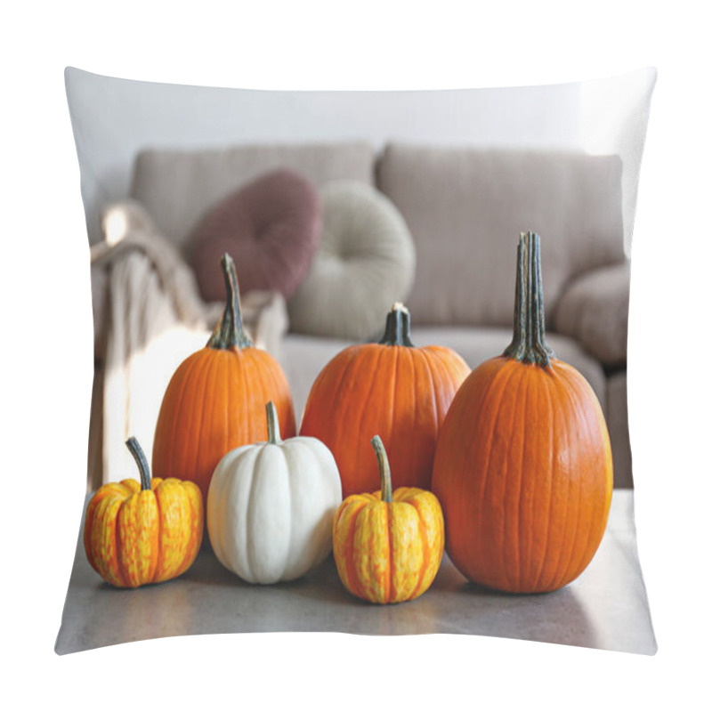 Personality  Bunch Of Classic Orange, Hooligan And Baby Boo Pumpkins On Marble Textured Table As A Symbol Of Autumnal Holidays With A Lot Of Copy Space For Text. Living Room Interior Background, Close Up. Pillow Covers