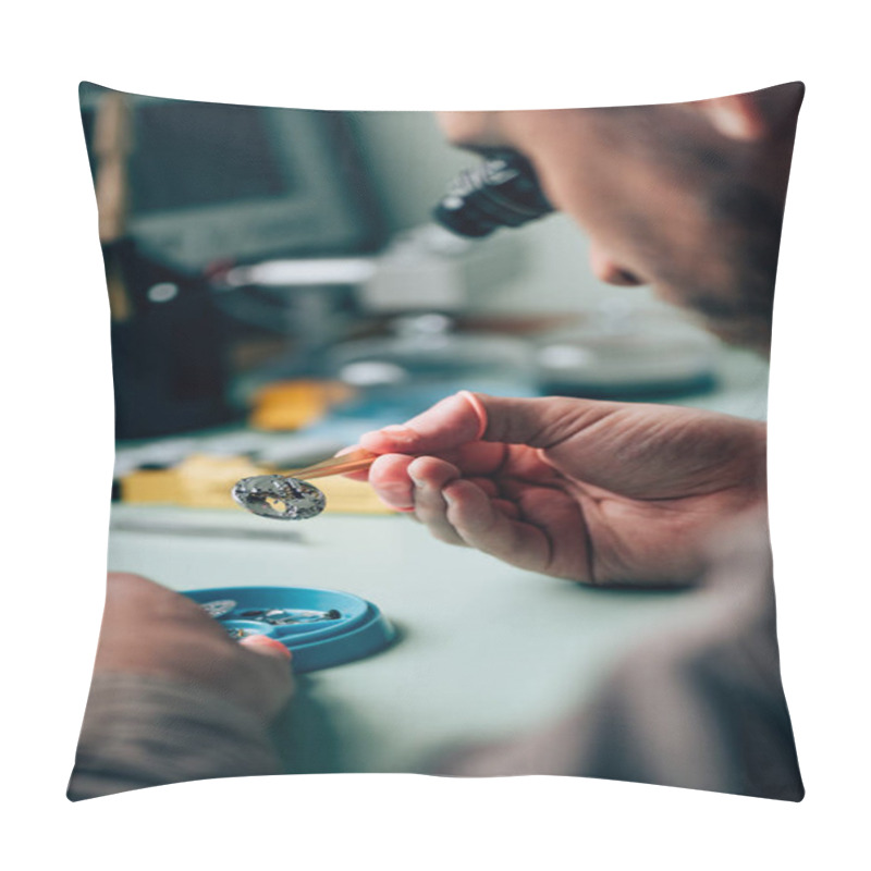 Personality  Selective Focus Of Clockmaker In Eyeglass Loupe Holding Watch Part In Tweezers By Tool Tray On Table Pillow Covers