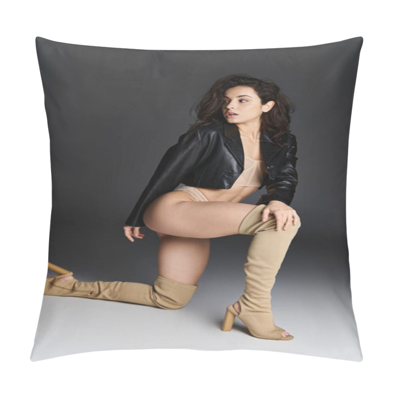 Personality  A Young Woman Showcases Her Allure In Thigh High Boots And Lingerie. Pillow Covers