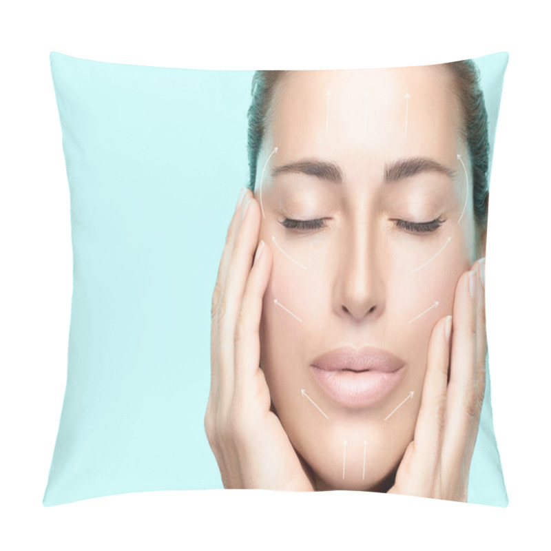 Personality  Anti Aging Treatment And Plastic Surgery Concept. Beautiful Young Woman With Fresh Clean Skin Hands On Cheeks And Eyes Closed, Serene Expression. White Arrows Over Face. Isolated On White. Copy Space Pillow Covers