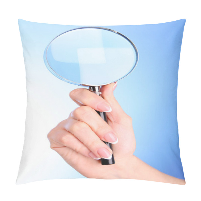 Personality  Woman Hand With Magnifier On Blue Background Pillow Covers