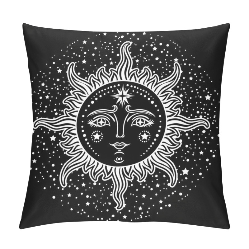 Personality  Vintage Hand Drawn Sun-Moon. Retro Illustration Face Of The Sun, Sun Tattoos, Vintage Graphics. Vector  Illustration. Pillow Covers