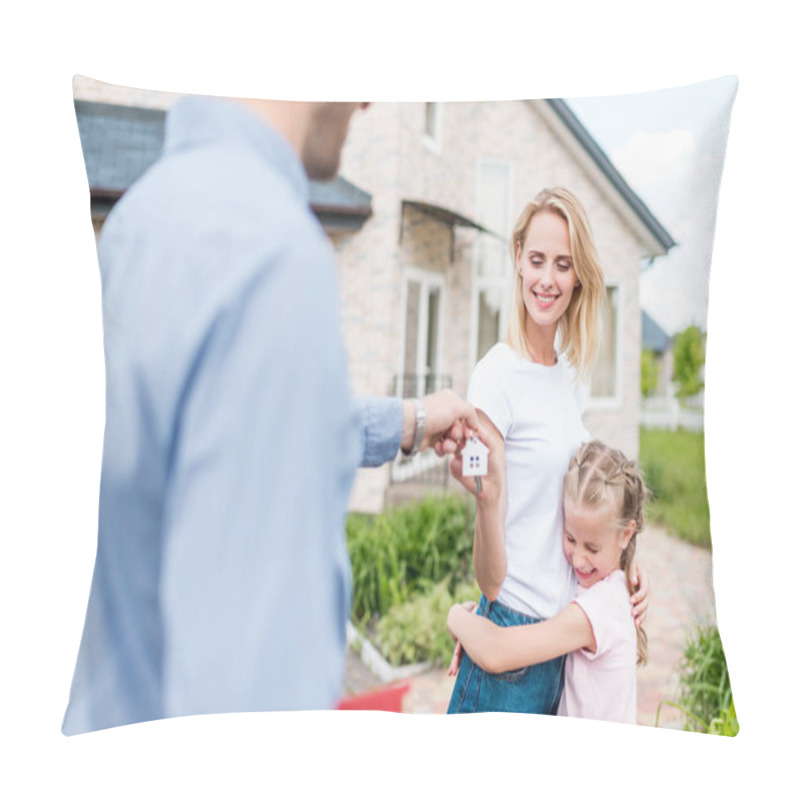 Personality  Partial View Of Real Estate Agent Giving Key To Young Woman With Daughter In Front Of New House Pillow Covers