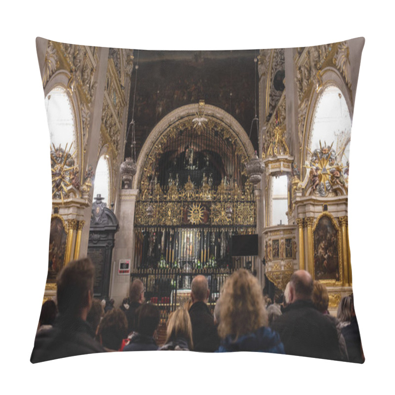 Personality  Czestochowa, Poland -18 November 2019: Pilgrims Are Coming To The Monastery Of Jasna Gora (Luminous Mount, Clarus Mons) In Czestochowa  Pray In Front Of The Image Of Our Lady Of Czestochowa Pillow Covers