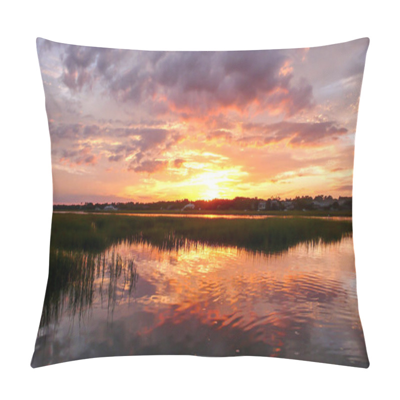 Personality  Beautiful Sunset Over Marsh Grass And Coastal Ocean Waters At High Tide With Forest In The Background Pillow Covers