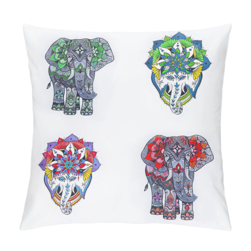 Personality  Set Of Elephant Sketches With Floral Patterns And Mandala On A White Background. Pillow Covers