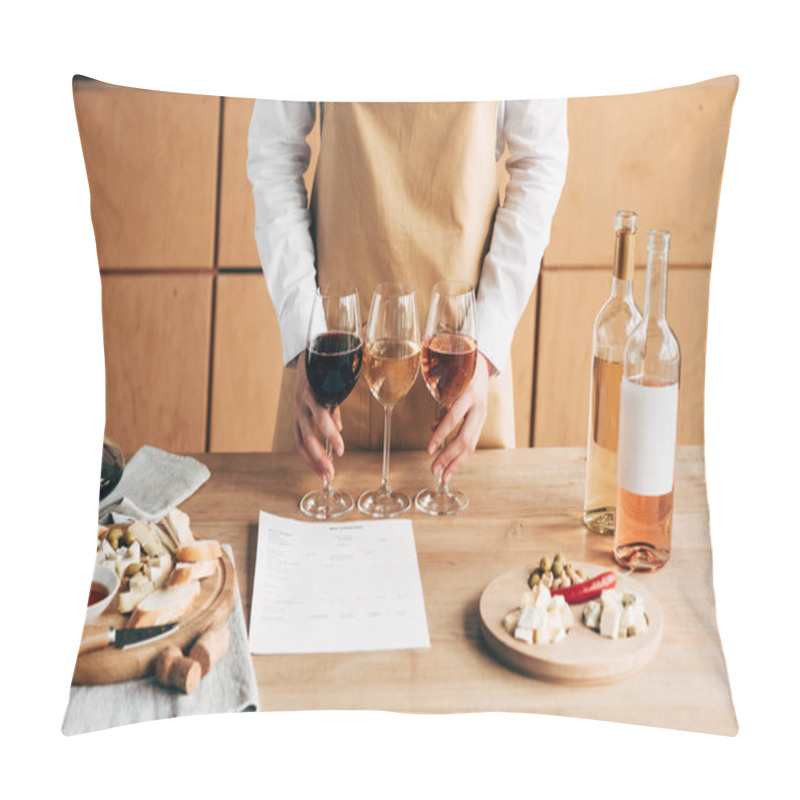 Personality  Cropped View Of Sommelier In Apron Holding Wine Glasses Near Wooden Table Pillow Covers