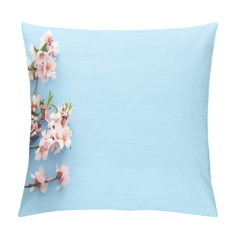 Personality  Photo Of Spring White Cherry Blossom Tree On Blue Wooden Background. View From Above, Flat Lay Pillow Covers