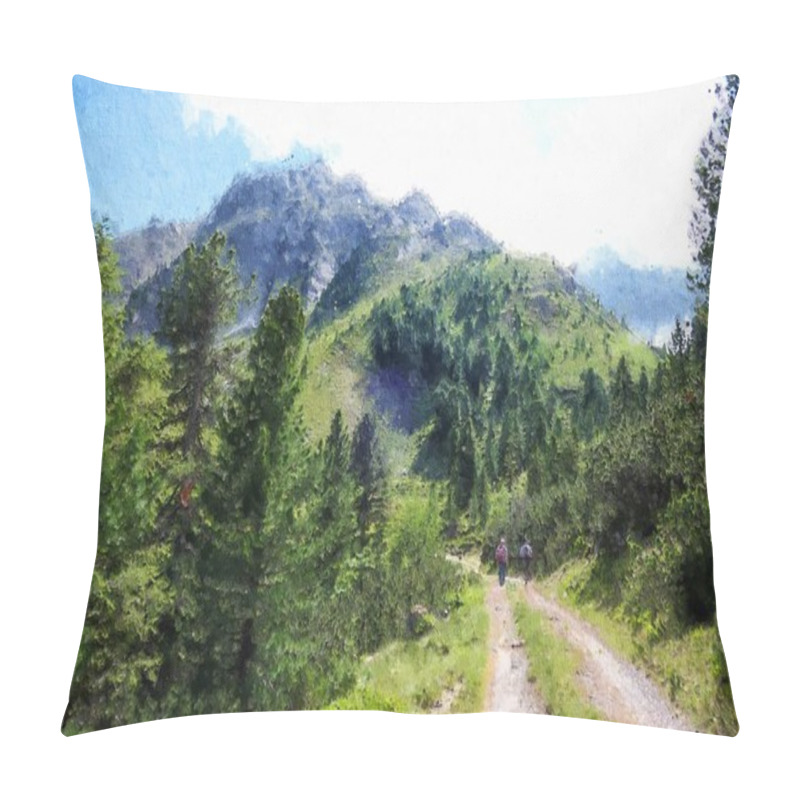 Personality  Oil Painting Illustration Of Austrian Alps. Mountain Forest With Hiking Path In Tirol. Pillow Covers