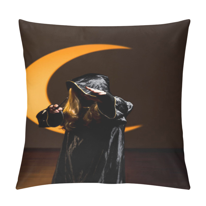 Personality  Mysterious Sorceress Casting Spells With A Wand Under An Enchanting Golden Light.Portrait Of A Witch With A Magic Wand On The Background Of The Moon. Concept Of Magic And Sorcery Pillow Covers