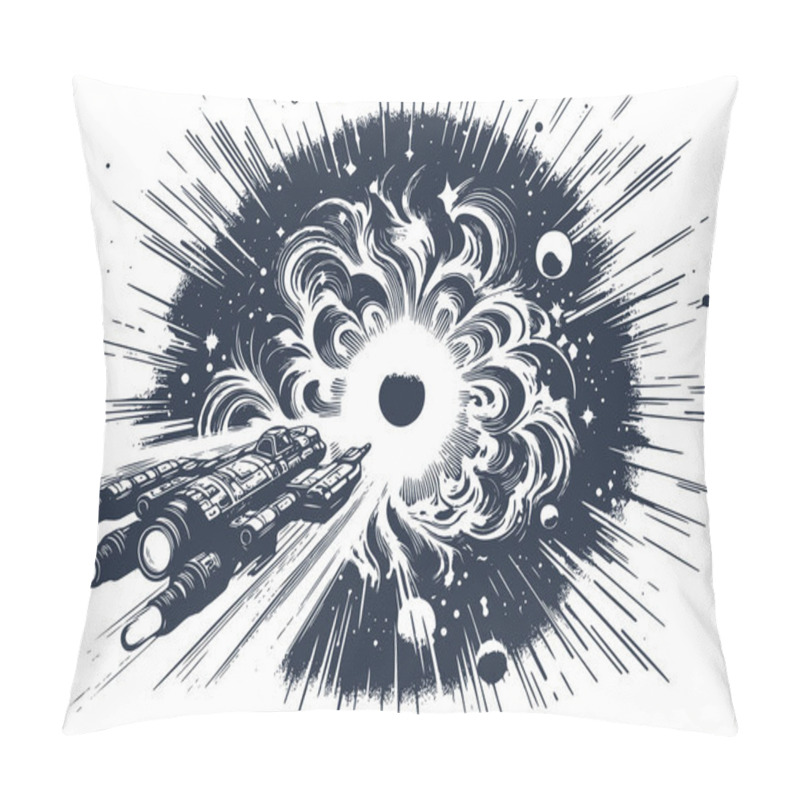 Personality  Spaceship Approaching Cosmic Explosion In Detailed Line Art Style Pillow Covers