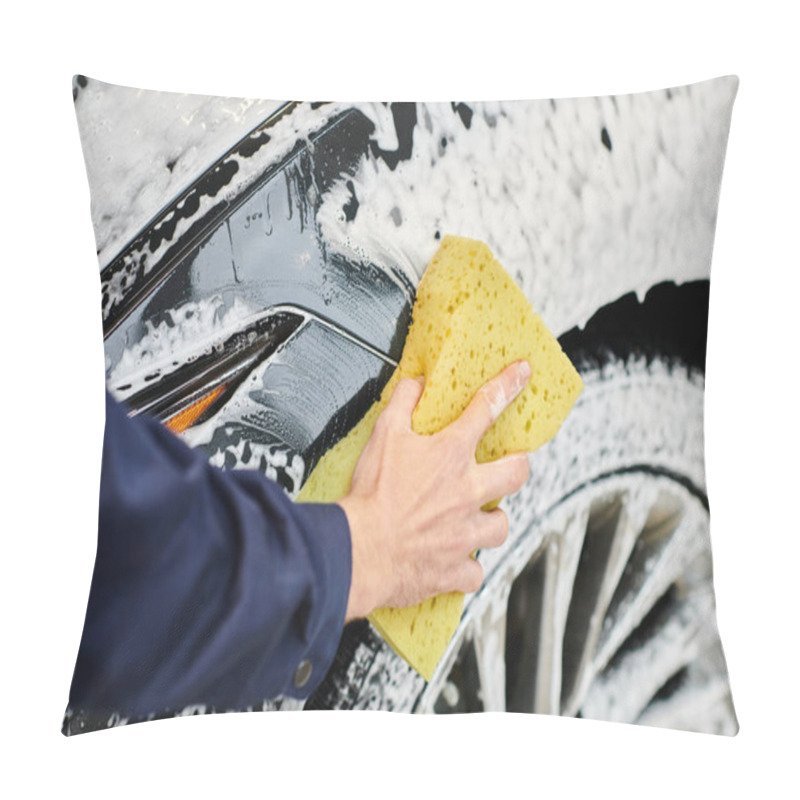 Personality  Cropped View Of Hard Working Professional In Uniform Washing Car Using Sponge And Soap In Garage Pillow Covers