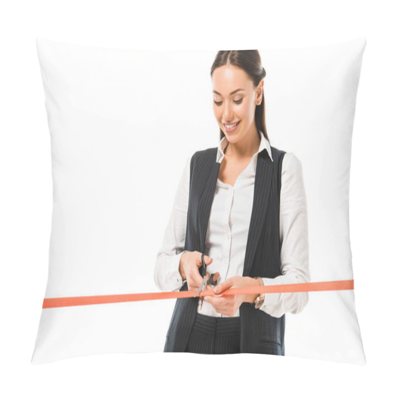 Personality  Beautiful Happy Businesswoman Cutting Red Ribbon With Scissors On Opening Ceremony, Isolated On White Pillow Covers