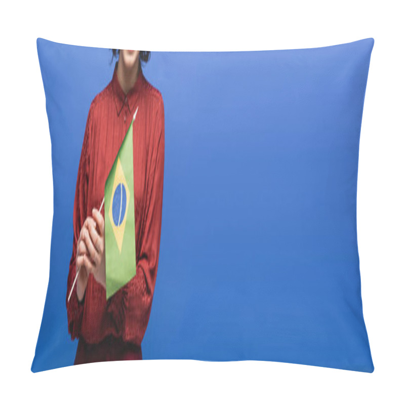 Personality  Cropped View Of Happy Language Teacher Smiling While Holding Flag Of Brazil Isolated On Blue, Banner  Pillow Covers