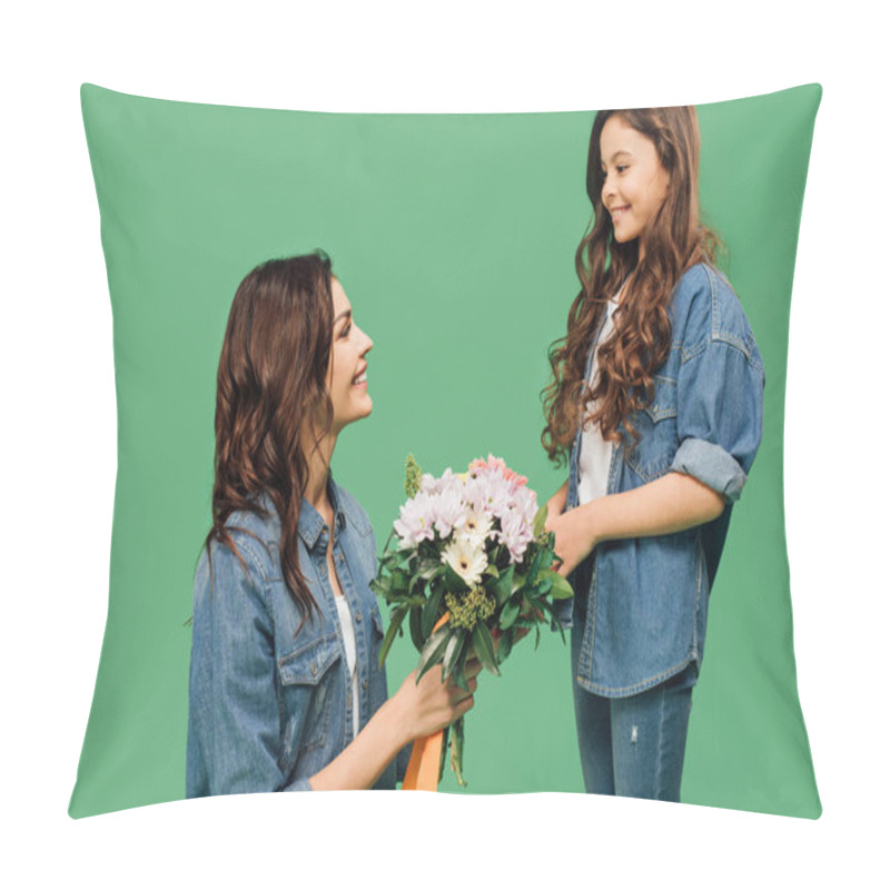 Personality  Happy Mother Holding Flowers Presented From Adorable Smiling Daughter Isolated On Green Pillow Covers