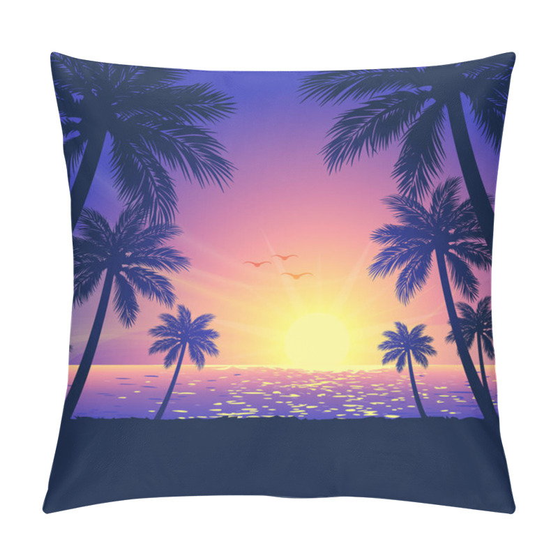 Personality  Warm Tropical Beach Purple Pink Orange Sunset Background With Palm Trees In Foreground Vector Pillow Covers