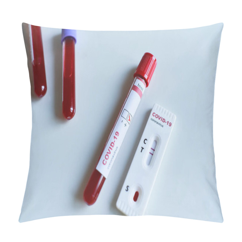 Personality  Positive Test Result By Using Rapid Test Device For COVID-19 Virus And Test Tube With Blood Sample For Viral Novel Coronavirus. Diagnose Checking Testing Result, Inhibition Of Disease Outbreaks. Pillow Covers