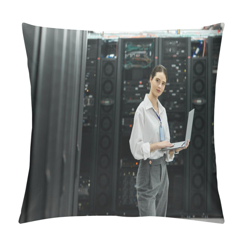 Personality  An IT Specialist In A White Shirt Works Hard In A Modern Server Room Managing Systems. Pillow Covers